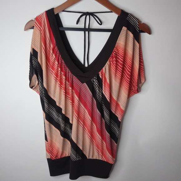 Heart Soul Tops - Heart Soul M Y2K Diagonal Striped Bubble Hem Top in Chocolate Orange